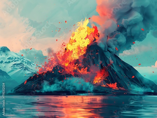 A volcano erupts with lava and smoke, creating a fiery and dramatic scene
