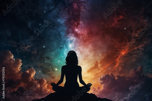 Silhouette human lotus position, meditation space galaxy cloud nebula, cosmos background wallpaper
