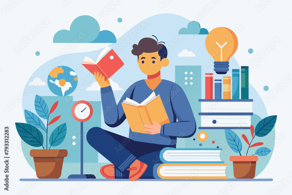 A man is seated on the floor, engrossed in reading a book, the male character is reading and searching to increase his knowledge, Simple and minimalist flat Vector Illustration A man is seated on the floor, engrossed in reading a book, the male character is reading and searching to increase his knowledge, Simple and minimalist flat Vector Illustration