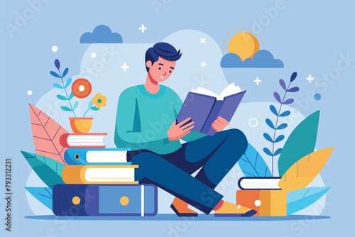 A man absorbed in reading a book while seated on a stack of books, the male character is reading and searching to increase his knowledge, Simple and minimalist flat Vector Illustration