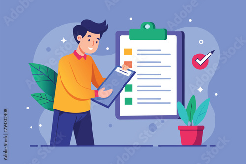 A man writes on a clipboard next to a clipboard with a checklist attached, the man is writing about rules on the clipboard, Simple and minimalist flat Vector Illustration