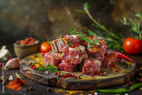 Wooden cutting board with raw meat and fresh vegetables for a delicious dish