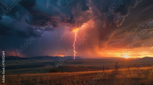 dynamic shot of lightning striking the ground amidst a dark and stormy sky, illuminating the landscape with a brilliant flash of light.