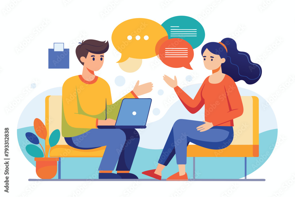 A man and woman engaged in conversation while sitting on a couch, the people are having a discussion, Simple and minimalist flat Vector Illustration A man and woman engaged in conversation while sitting on a couch, the people are having a discussion, Simple and minimalist flat Vector Illustration