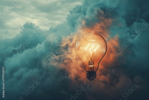 Dramatic cloudy sky with glowing lightbulb symbolizing a breakthrough idea or concept