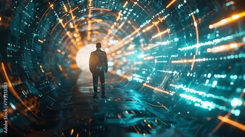 Man stands in a futuristic tunnel, surrounded by digital data lights. Sci-fi ambiance with a sense of discovery. Perfect for tech and innovation themes. AI