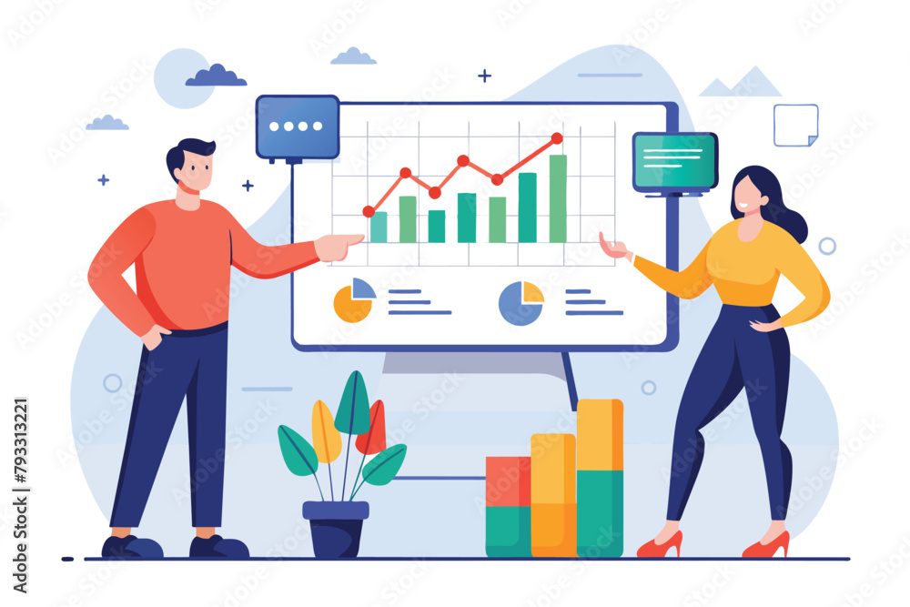 A man and a woman discussing trading data, pointing at a chart together, the people are presenting trading data, Simple and minimalist flat Vector Illustration