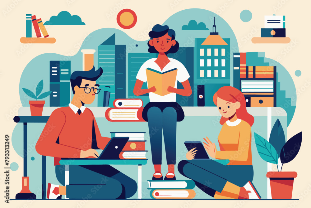 Group of individuals sitting, surrounded by books on a table, engaged in studying together, the people are studying, Simple and minimalist flat Vector Illustration Group of individuals sitting, surrounded by books on a table, engaged in studying together, the people are studying, Simple and minimalist flat Vector Illustration
