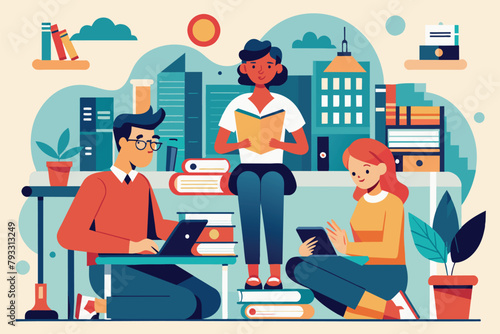 Group of individuals sitting, surrounded by books on a table, engaged in studying together, the people are studying, Simple and minimalist flat Vector Illustration