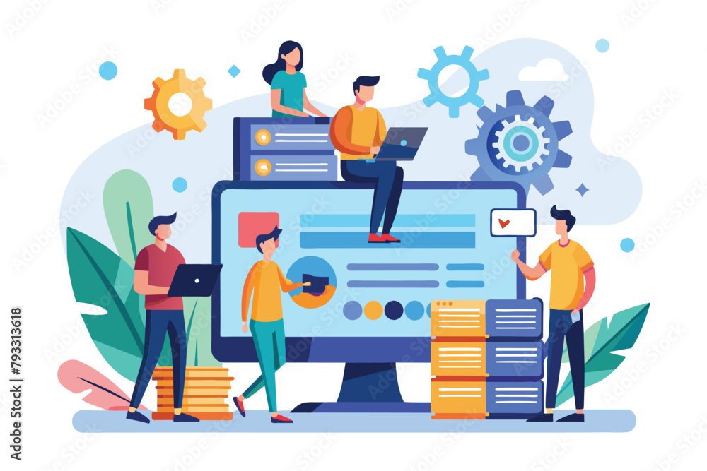 People standing on computer screen, installing software, the people are working on installing on the computer, Simple and minimalist flat Vector Illustration People standing on computer screen, installing software, the people are working on installing on the computer, Simple and minimalist flat Vector Illustration