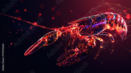 Lobster, omar from futuristic polygonal red lines and glowing stars for banner, poster, greeting card. AI generated photo