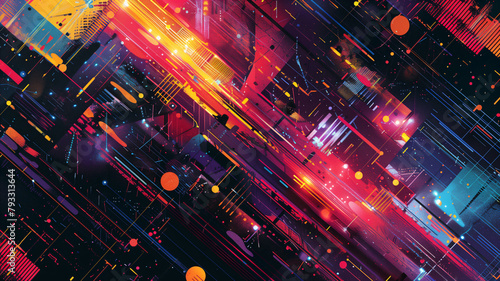 Abstract Cyber Cityscape with Dynamic Streaks of Color