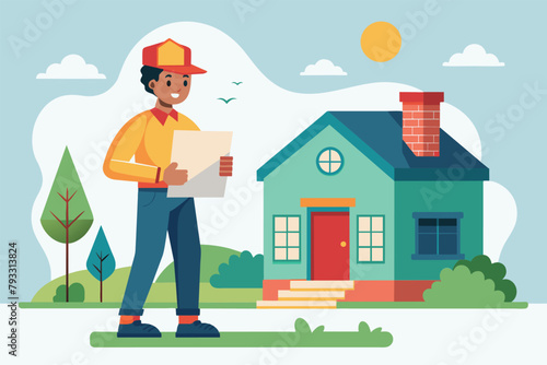 A man standing in front of a house while holding a piece of paper, the postman delivered the letter home, Simple and minimalist flat Vector Illustration