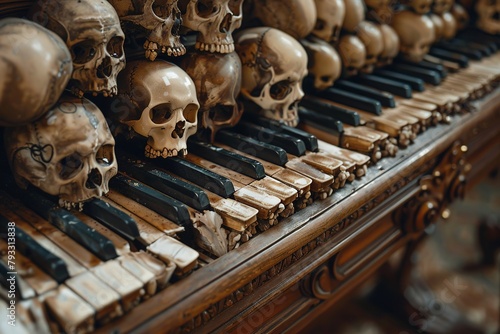 details of a piano made of skulls and bones. Horror halloween concept