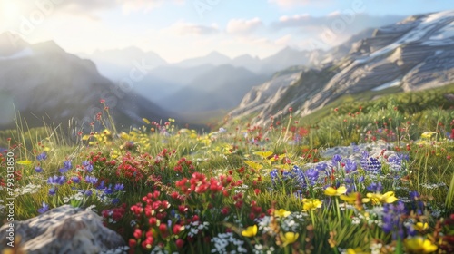 serene alpine meadow dotted with colorful wildflowers  showcasing the resilience and beauty of plant life in extreme environments.