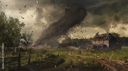 serene countryside landscape transformed by the fury of a tornado, debris swirling as the powerful vortex touches down.