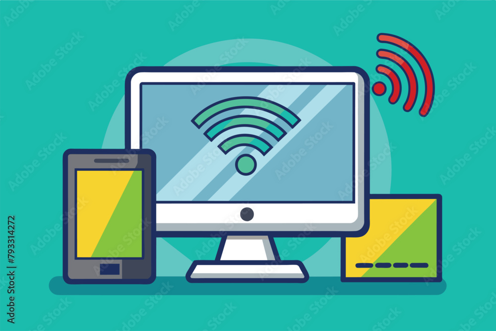 A computer, phone, and wifi symbol displayed on a blue background, there is no network signal on the computer, Simple and minimalist flat Vector Illustration A computer, phone, and wifi symbol displayed on a blue background, there is no network signal on the computer, Simple and minimalist flat Vector Illustration