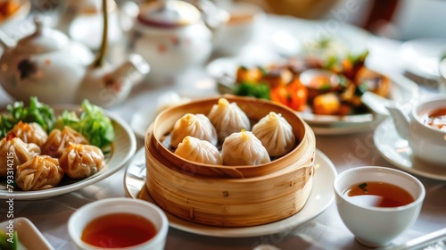 sumptuous plate of Chinese dim sum, featuring delicate dumplings filled with savory meats and vegetables, served with steaming cups of fragrant tea. © buraratn