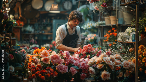 A florist carefully arranges a selection of colorful flowers in a warm, ambient flower shop. photo