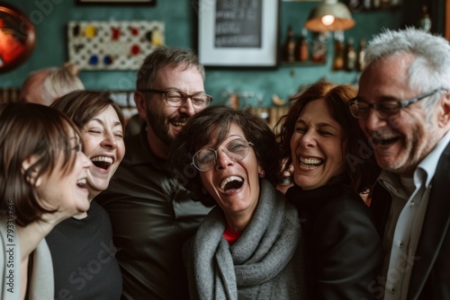 Group of senior friends laughing and laughing together in a pub or restaurant