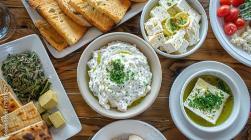 tempting array of Greek mezedes, including creamy tzatziki, tangy feta cheese, and crisp spanakopita, served with warm pita bread and olives.