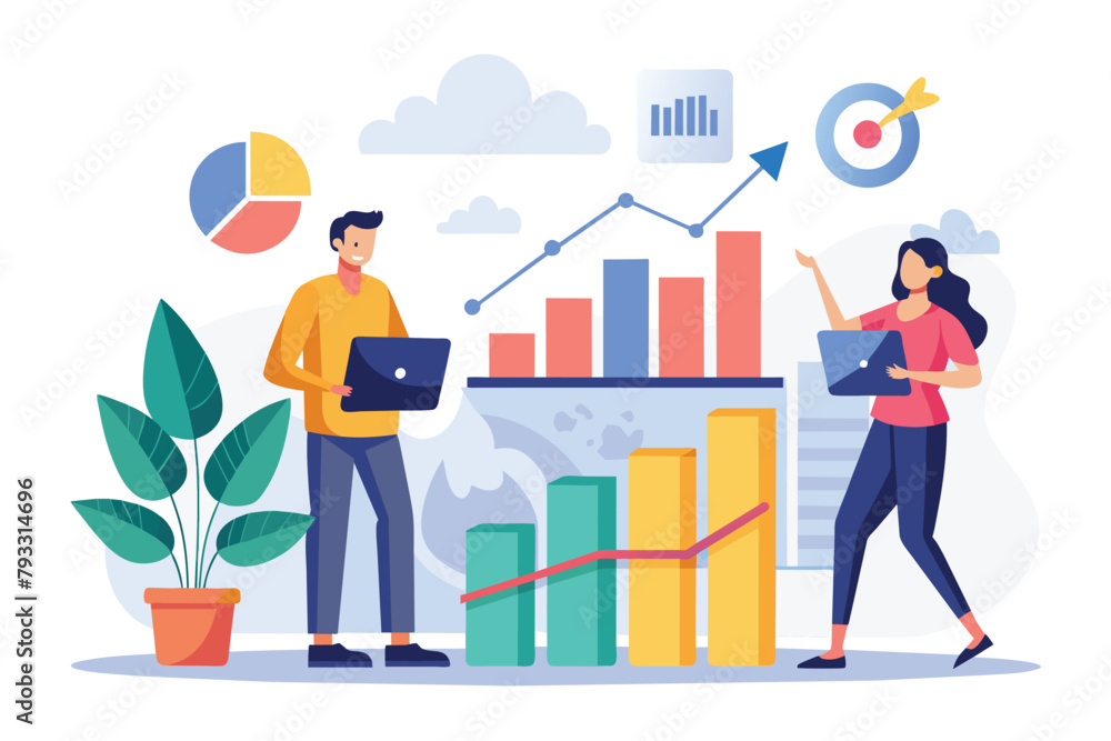 A man and a woman are standing in front of a laptop, engaged in work or conversation, the team analyzed the growth charts trending, Simple and minimalist flat Vector Illustration A man and a woman are standing in front of a laptop, engaged in work or conversation, the team analyzed the growth charts trending, Simple and minimalist flat Vector Illustration