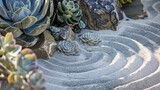 tranquil Zen rock garden adorned with sculptural succulents and sand patterns, providing a space for contemplation and mindfulness.