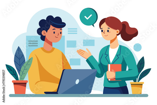 Two individuals seated at a table, engrossed in a discussion while using a laptop, the two people are discussing the work, Simple and minimalist flat Vector Illustration