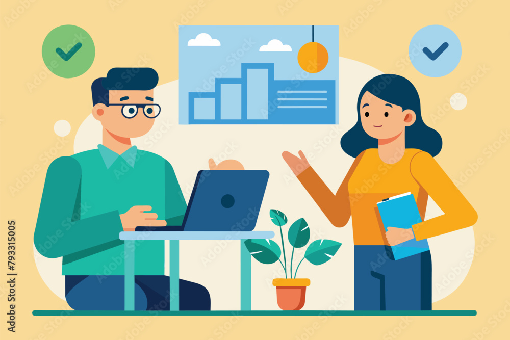 A man and woman sitting at a table, focused on a laptop screen, engaged in a discussion or project, the two people are doing the briefing, Simple and minimalist flat Vector Illustration A man and woman sitting at a table, focused on a laptop screen, engaged in a discussion or project, the two people are doing the briefing, Simple and minimalist flat Vector Illustration