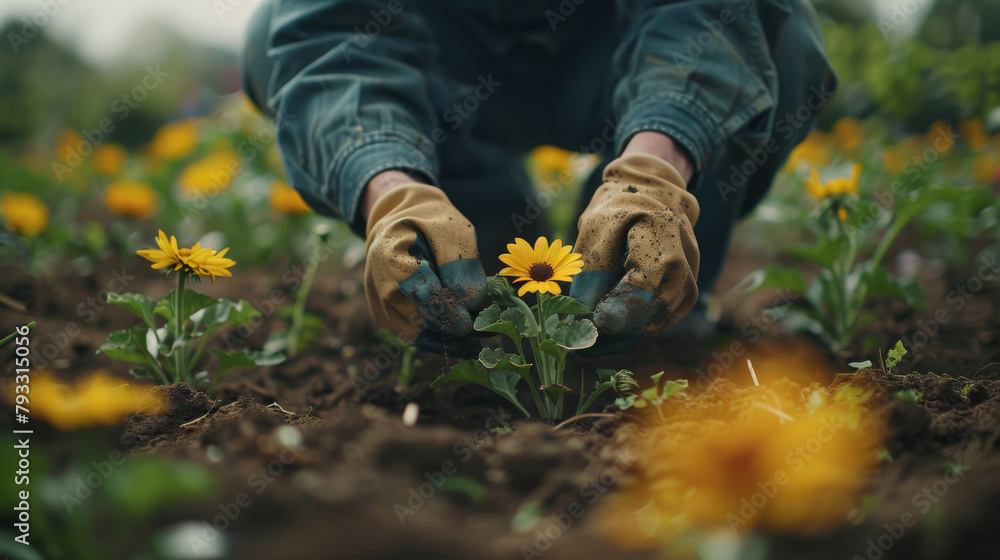 Gardener in gloves planting yellow flowers in soil, cinematic shot. Gardener in gloves planting yellow flowers in soil, cinematic shot.