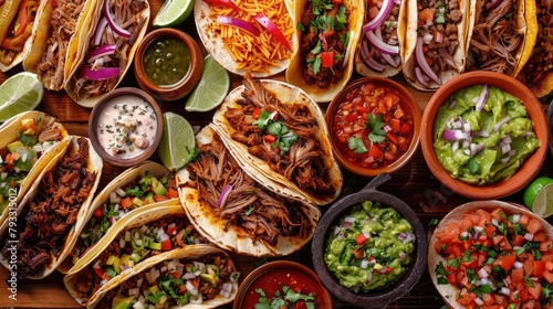 vibrant assortment of Mexican tacos, piled high with tender carnitas, tangy salsa, and zesty guacamole, capturing the bold flavors of Mexican street cuisine.