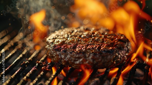Grilling a juicy beef burger over orange flames on the BBQ perfect for a holiday picnic cookout