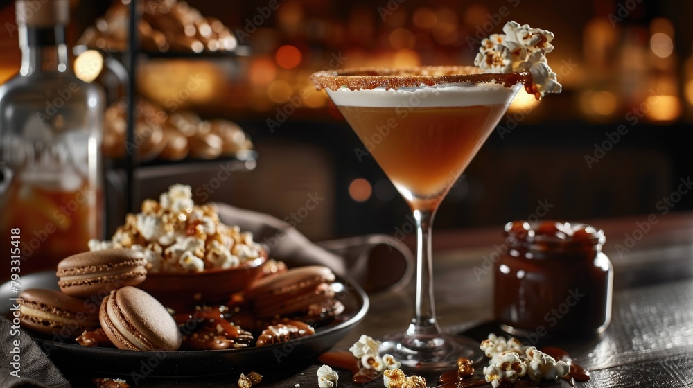 Salted Caramel Martini Delight. A decadent salted caramel martini, complete with a sugary rim and cookie garnish, paired with gourmet popcorn and macarons for a cozy, indulgent evening Salted Caramel Martini Delight. A decadent salted caramel martini, complete with a sugary rim and cookie garnish, paired with gourmet popcorn and macarons for a cozy, indulgent evening