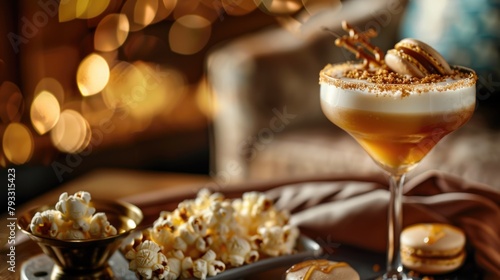 Salted Caramel Martini Delight. A decadent salted caramel martini  complete with a sugary rim and cookie garnish  paired with gourmet popcorn and macarons for a cozy  indulgent evening