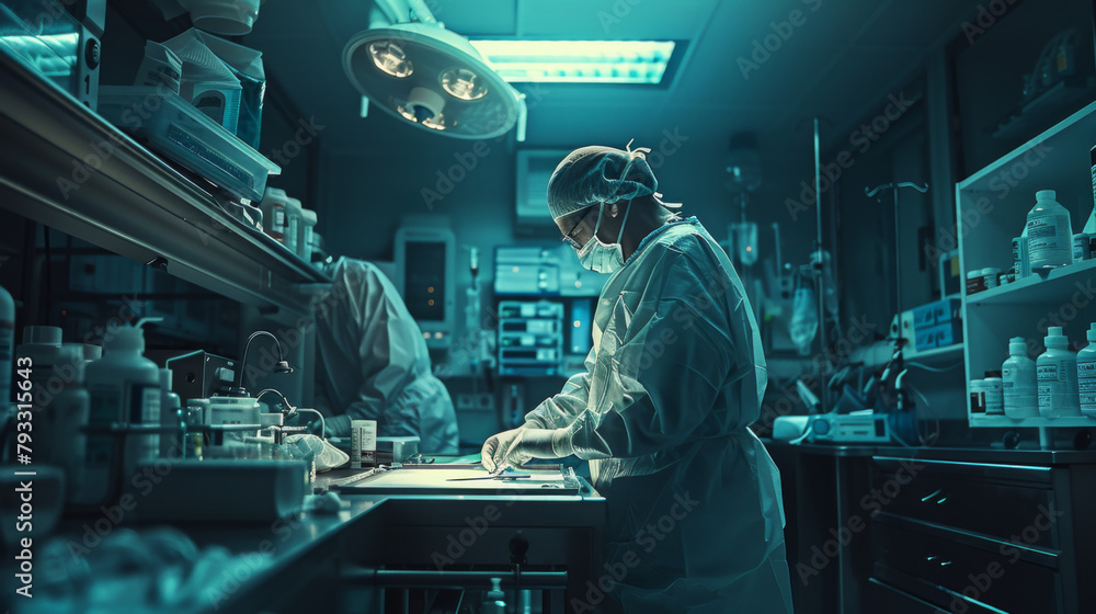 A gastroenterologist performing a procedure in a medical facility with wide-angle view. A gastroenterologist performing a procedure in a medical facility with wide-angle view.