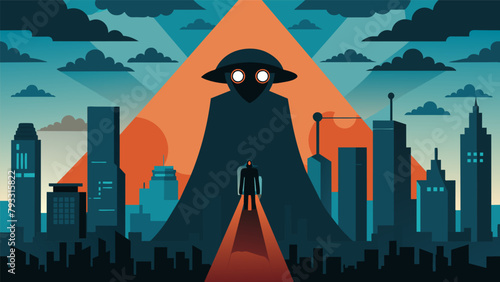 An ominouslooking figure hovers over a city representing the looming threat to privacy posed by advanced surveillance technology and the widespread.