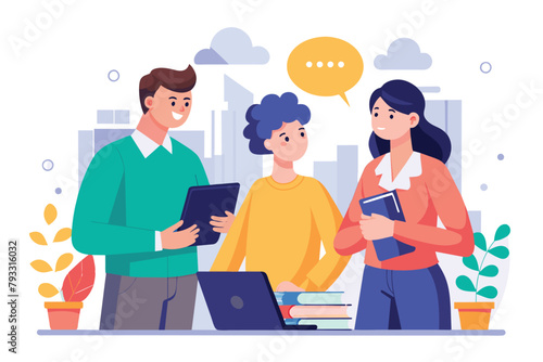 A group of three individuals standing around a laptop, engaged in discussing business strategies, three people discussing business strategy, Simple and minimalist flat Vector Illustration