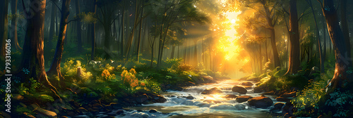 Green forest and forest stream at sunset, a serene and natural landscape