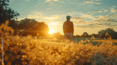 Golf instructor standing on a course at sunset, with sunlight filtering through grass.