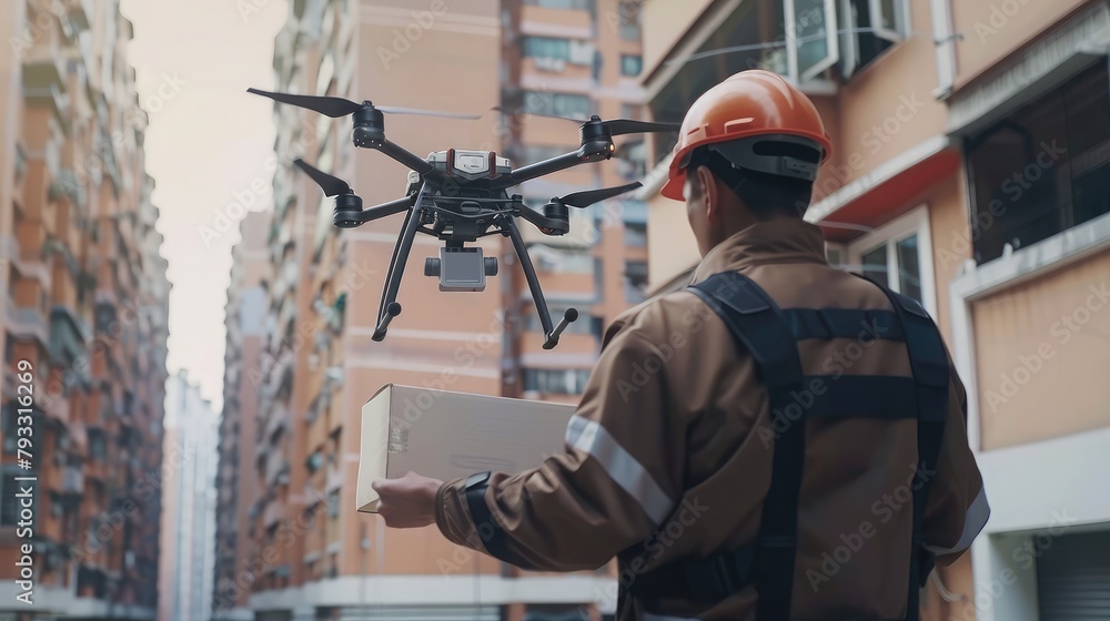 drone operator controlling a delivery drone remotely, navigating it through urban airspace with ease drone operator controlling a delivery drone remotely, navigating it through urban airspace with ease