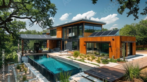 eco-friendly home with solar panels and rainwater harvesting systems  showcasing green architecture