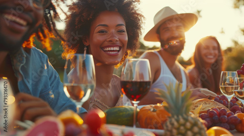 A cheerful group of friends enjoying a dinner party outdoors with glasses of wine and a spread of fresh foods at golden hour.