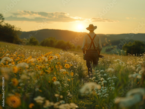 A groundskeeper walks through a flower field at sunset, carrying tools over a scenic landscape.