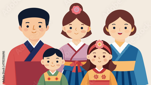 A family proudly showing off their matching hanbok or traditional Korean outfit complete with colorful embroidery and delicate hair accessories