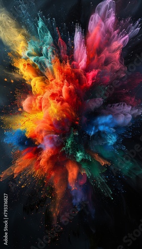Indian festivals, colorful rainbow explodes with colorful, powder smoke liquid paint. isolated on black background. Diwali (Festival of Lights), Holi (Festival of Colors)