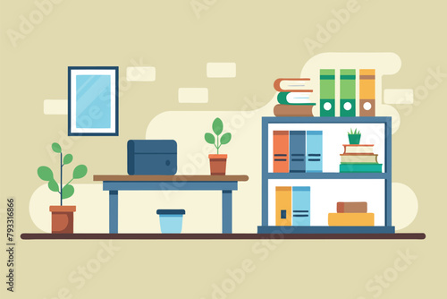 A room with a desk, bookshelf, and chair arranged in a minimalist and tidy setting, Tidy up the residence, Simple and minimalist flat Vector Illustration