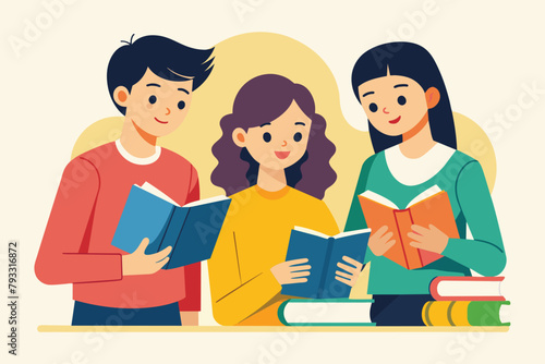 A group of individuals standing together, holding books in their hands, Three students are studying manuals, Simple and minimalist flat Vector Illustration