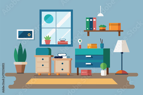 A living room featuring a dresser and a window, creating a simple and minimalist atmosphere, Tidy up the residence, Simple and minimalist flat Vector Illustration
