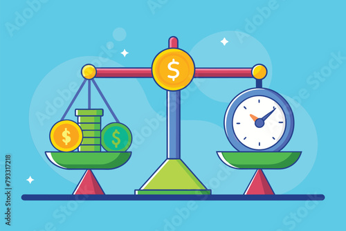 A scale with money and a clock on it, symbolizing the relationship between time and money, Time is money, Simple and minimalist flat Vector Illustration