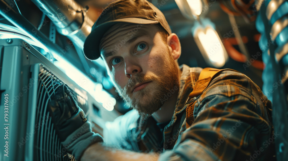 HVAC technician works on an AC unit, focused expression, using tool, low light, wide-angle. HVAC technician works on an AC unit, focused expression, using tool, low light, wide-angle.